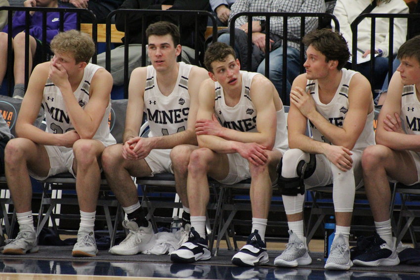 Mines players watch Fort Lewis makes its free throws and maintain its lead in the final seconds of the Jan. 27 game at Colorado School of Mines. Fort Lewis won 93-87.